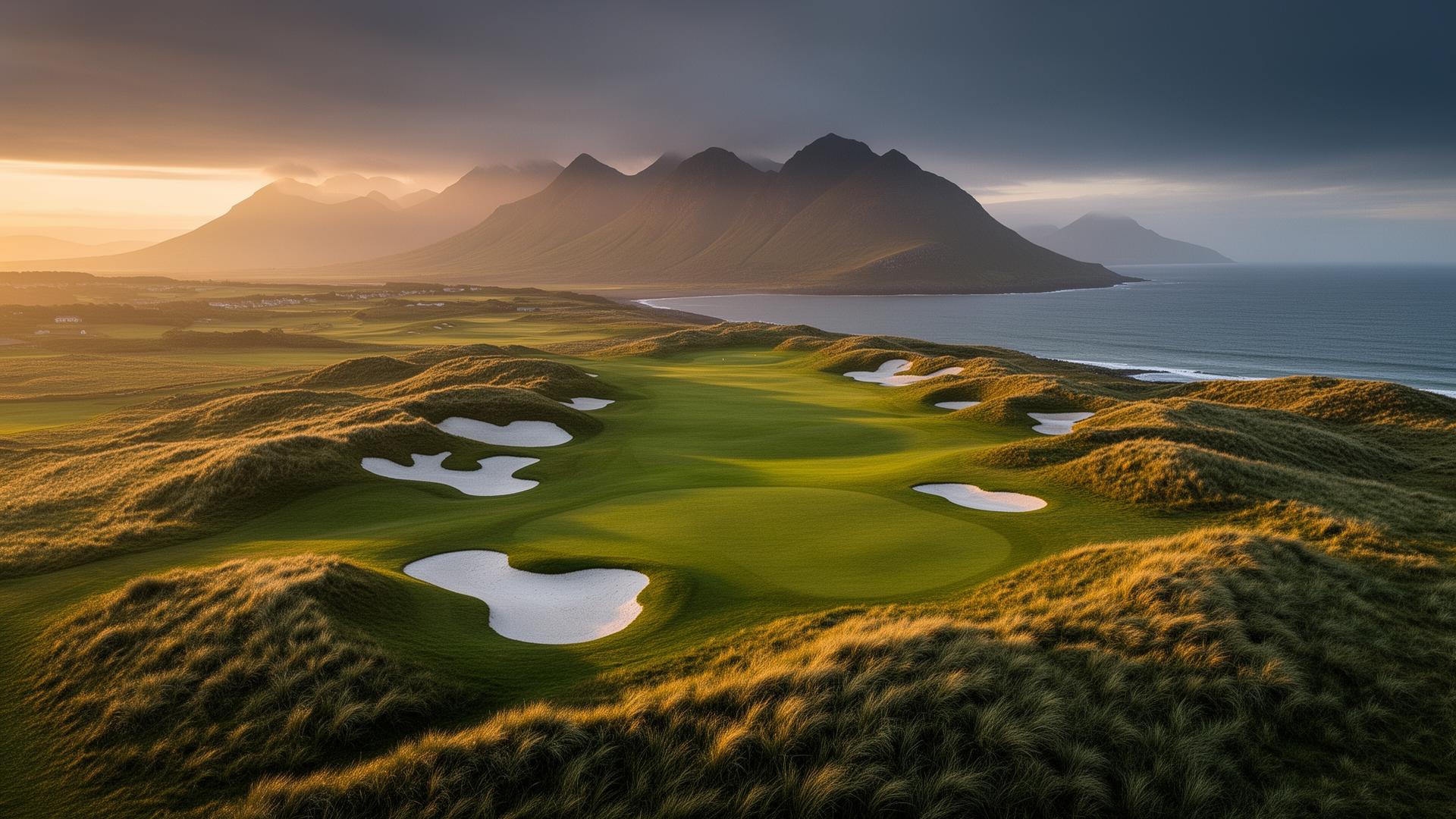 Royal County Down golf course at dawn with the Mountains of Mourne